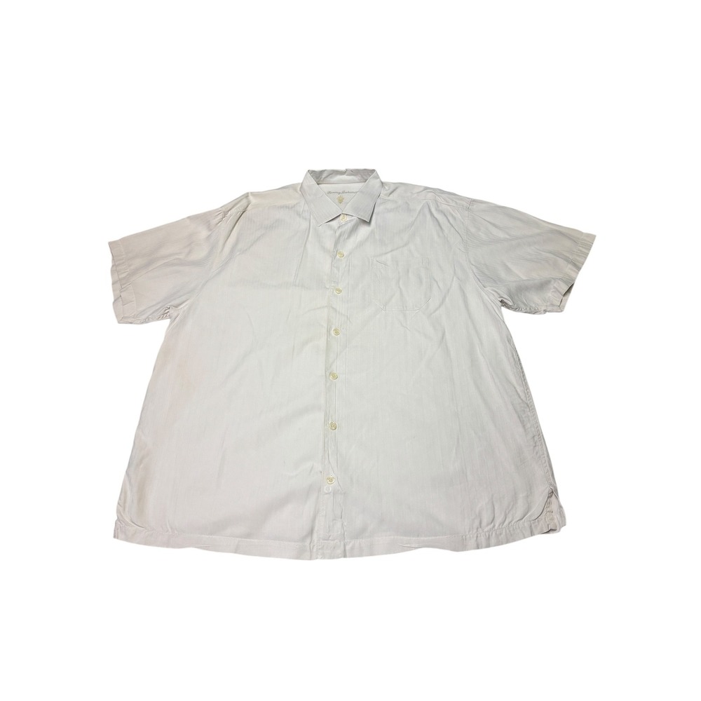 Tommy Bahama Mens XXL 100% Silk Short Sleeve Button Down Shirt Cream Striped